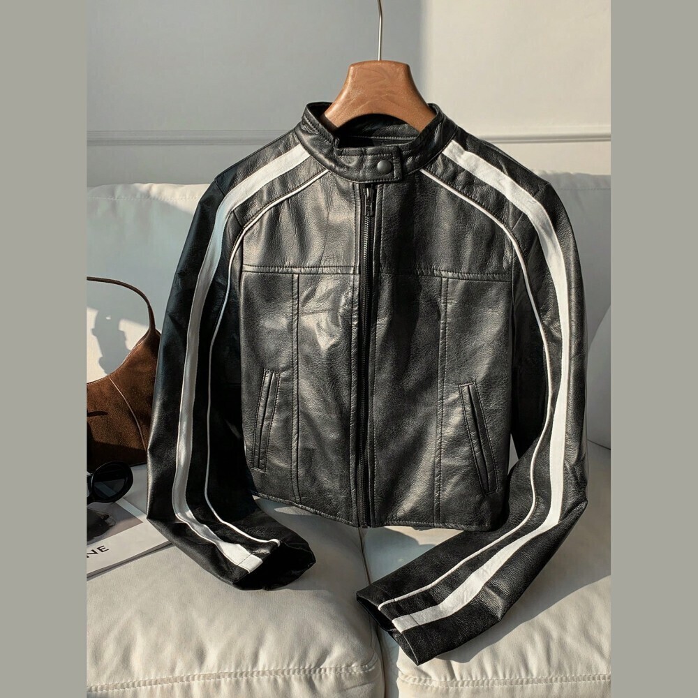 Black Racing Stripe Vegan Leather Moto Jacket with Stand Collar